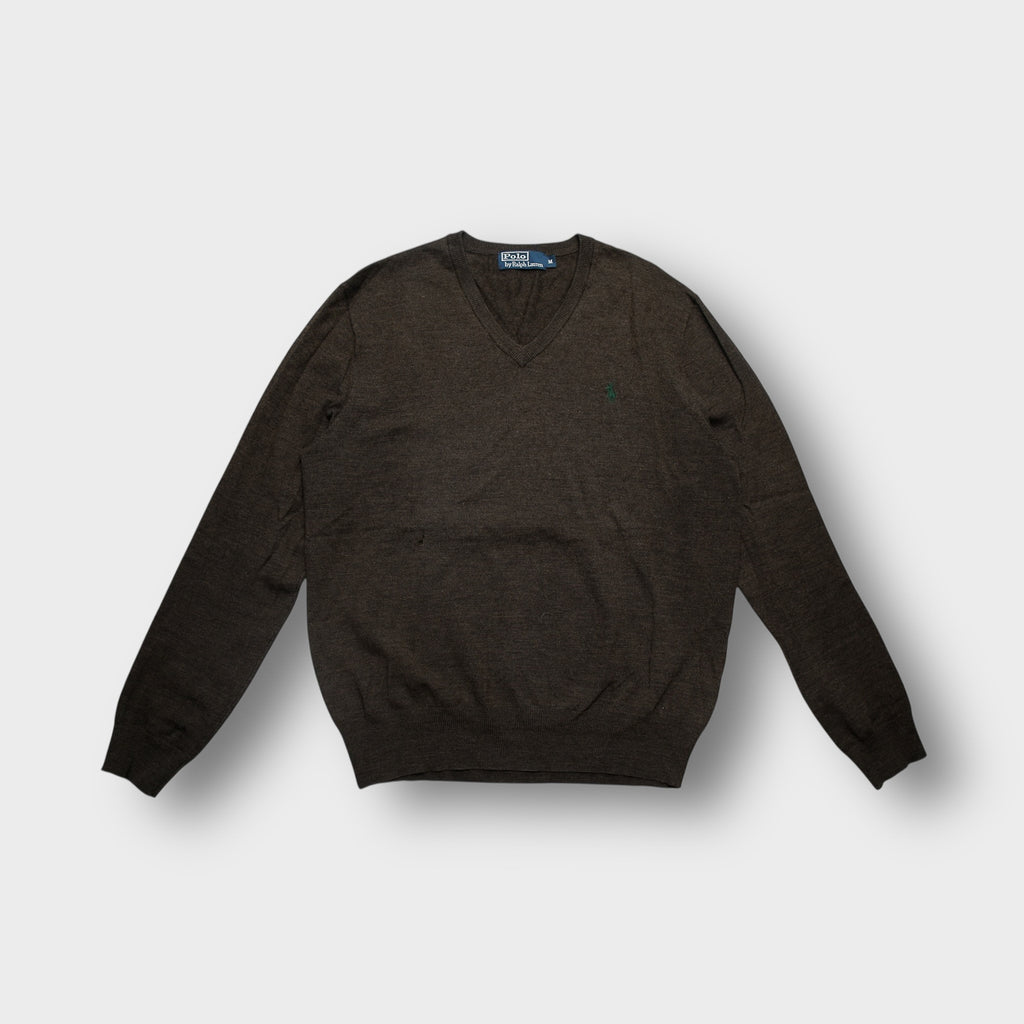Ralph Lauren V-neck sweater in brown with an embroidered green pony logo on the chest