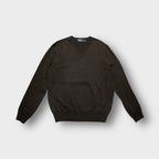 Ralph Lauren V-neck sweater in brown with an embroidered green pony logo on the chest