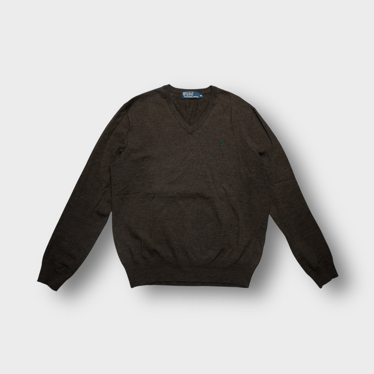 Ralph Lauren V-neck sweater in brown with an embroidered green pony logo on the chest