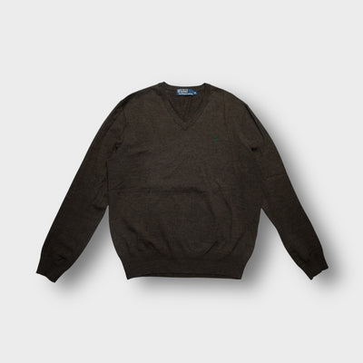 Ralph Lauren V-neck sweater in brown with an embroidered green pony logo on the chest