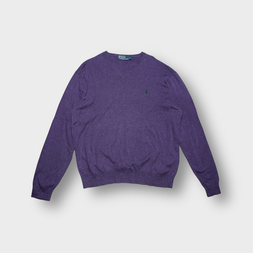 Ralph Lauren knit V-neck sweater in purple with an embroidered green pony logo.