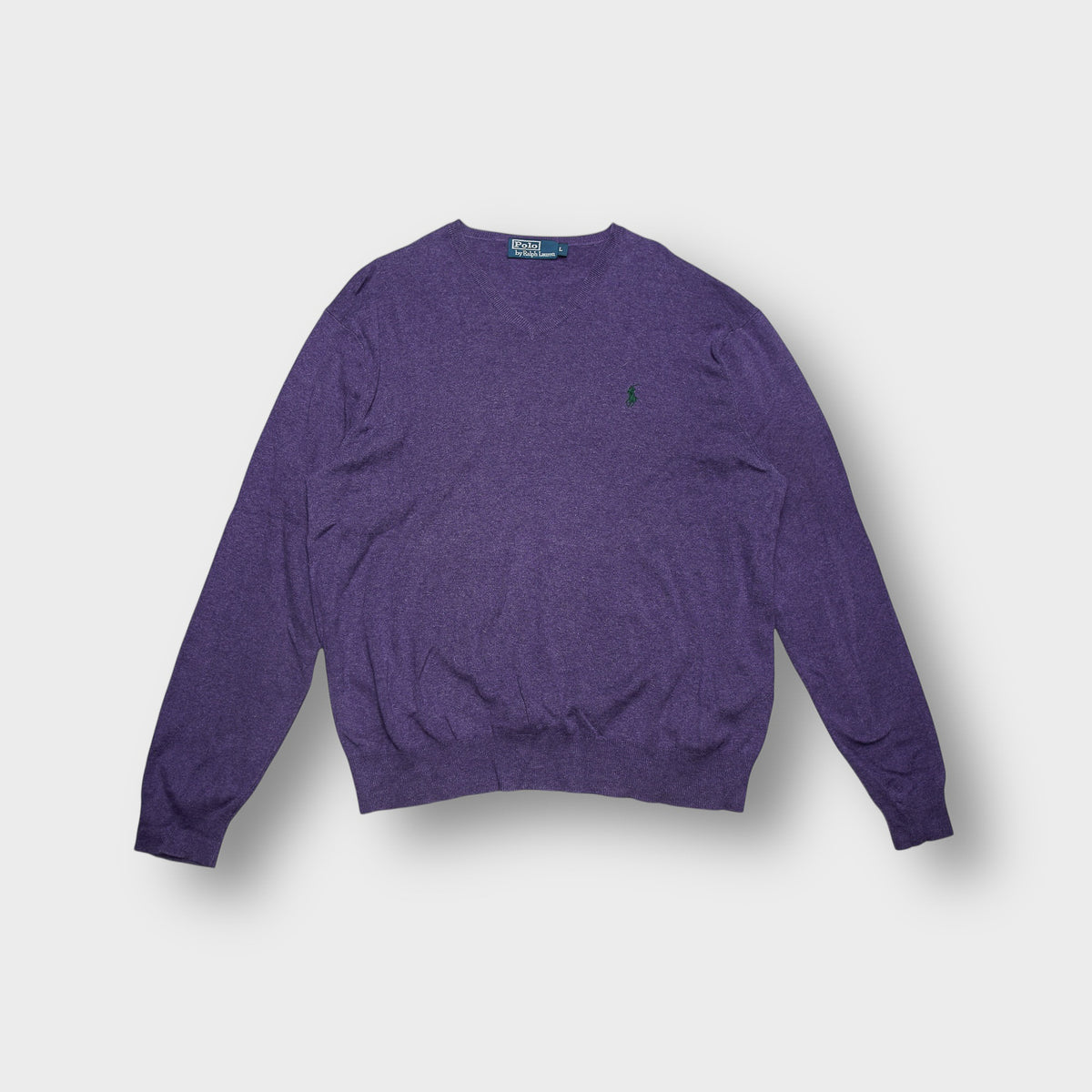 Ralph Lauren knit V-neck sweater in purple with an embroidered green pony logo.