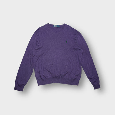 Ralph Lauren knit V-neck sweater in purple with an embroidered green pony logo.
