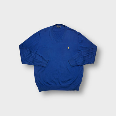 Ralph Lauren sweater in blue with yellow embroidered pony logo on chest and V-neck