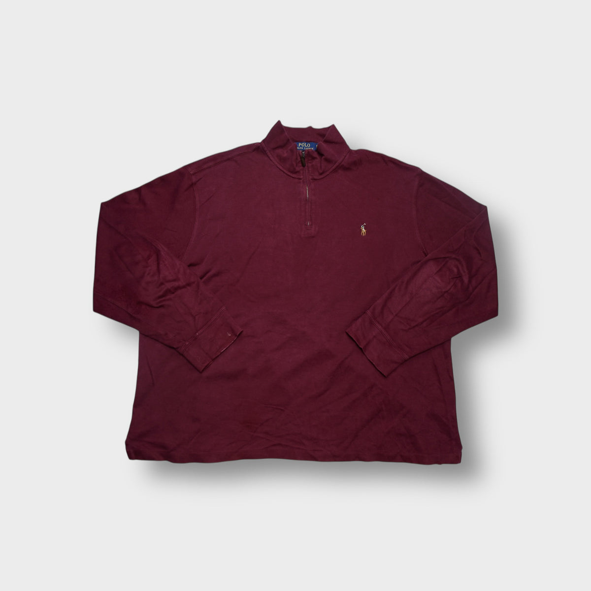 Ralph Lauren dark red quarter zip sweater featuring embroidered pony logo on chest
