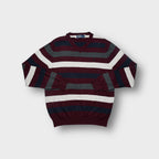 Ralph Lauren dark red knit sweater with broad horizontal stripes and V-neck collar