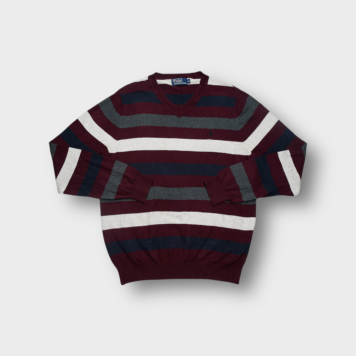 Ralph Lauren dark red knit sweater with broad horizontal stripes and V-neck collar