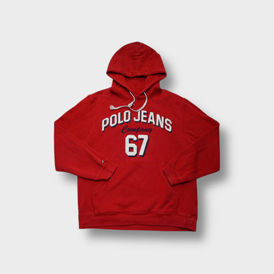 Ralph Lauren hoodie in red featuring white Polo Jeans Co. 67 front appliqué