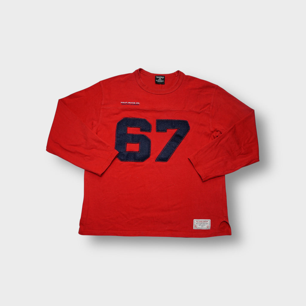 Ralph Lauren red sweater with large navy felt 67 appliqué on the front