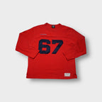 Ralph Lauren red sweater with large navy felt 67 appliqué on the front