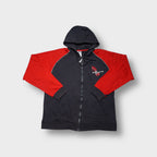 Adidas dark grey and red sweatjacket featuring a Just Sports chest print