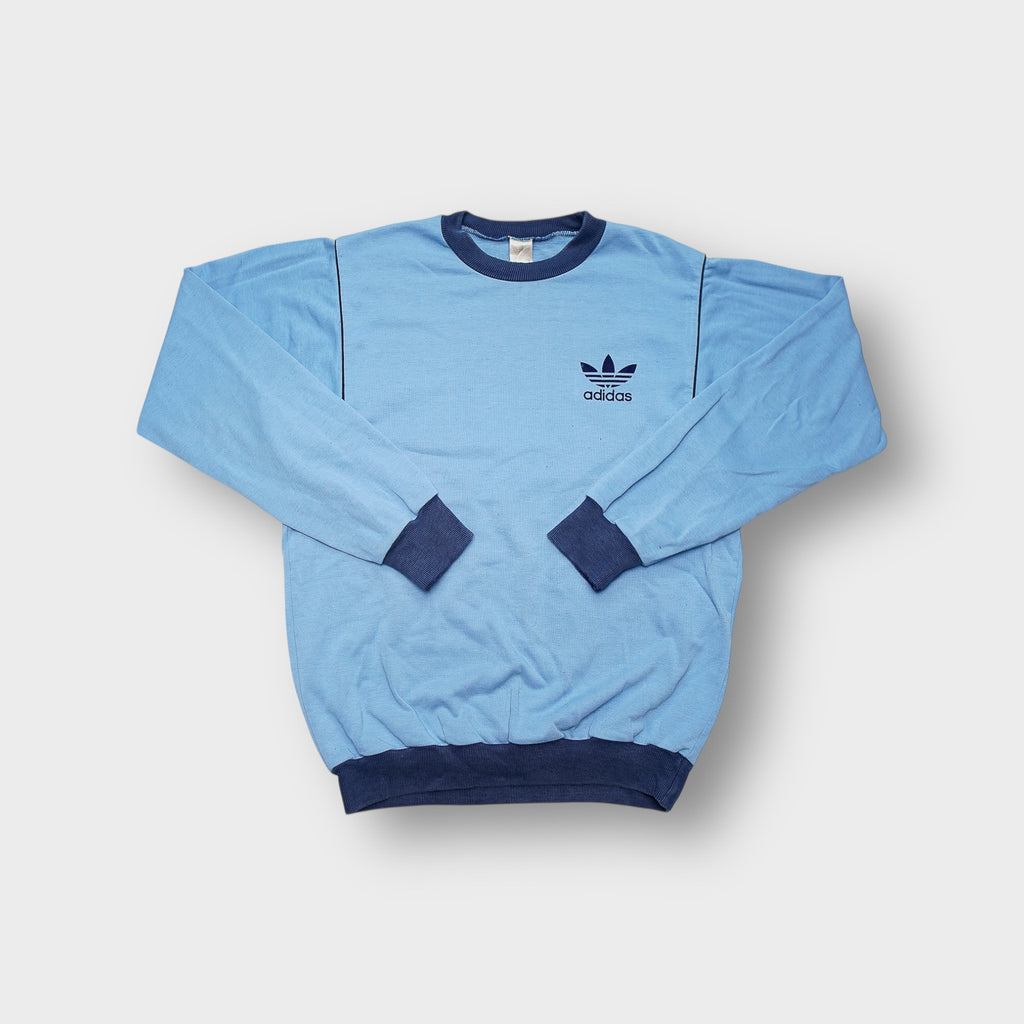 Blue Adidas sweater with contrasting dark blue crew neck collar and chest trefoil logo