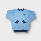 Blue Adidas sweater with contrasting dark blue crew neck collar and chest trefoil logo