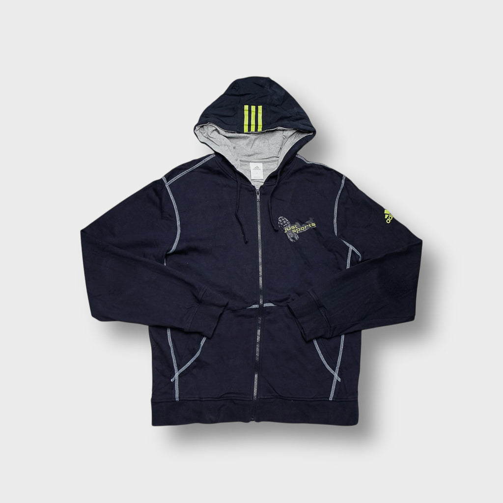 Adidas full-zip hooded sweater in navy blue with contrast stitching and chest graphic