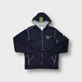 Adidas full-zip hooded sweater in navy blue with contrast stitching and chest graphic