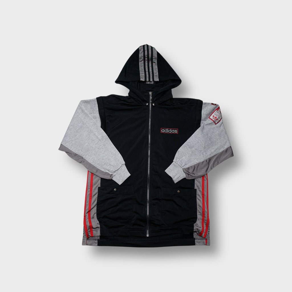 Black Adidas hooded jacket with grey contrast sleeves and red brand patch