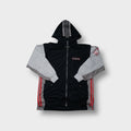 Black Adidas hooded jacket with grey contrast sleeves and red brand patch