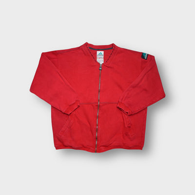 Red Adidas Equipment full-zip sweatshirt featuring a shoulder logo patch
