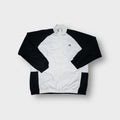 Adidas track jacket in white and black with embroidered chest logo and high collar