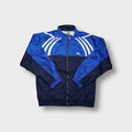 Adidas Navy Blue track jacket featuring white curved shoulder stripes and embroidered logo