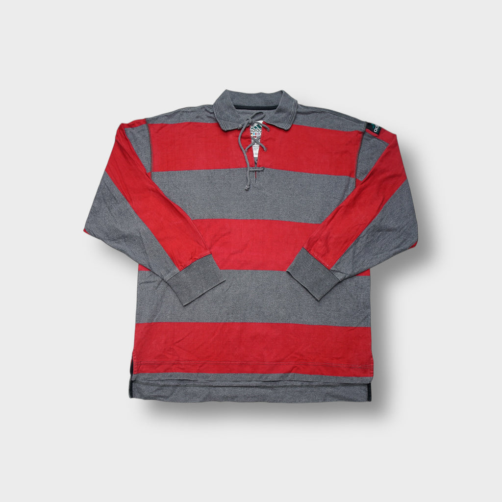 Grey Adidas Equipment polo sweater with red horizontal stripes and lace-up collar