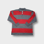 Grey Adidas Equipment polo sweater with red horizontal stripes and lace-up collar