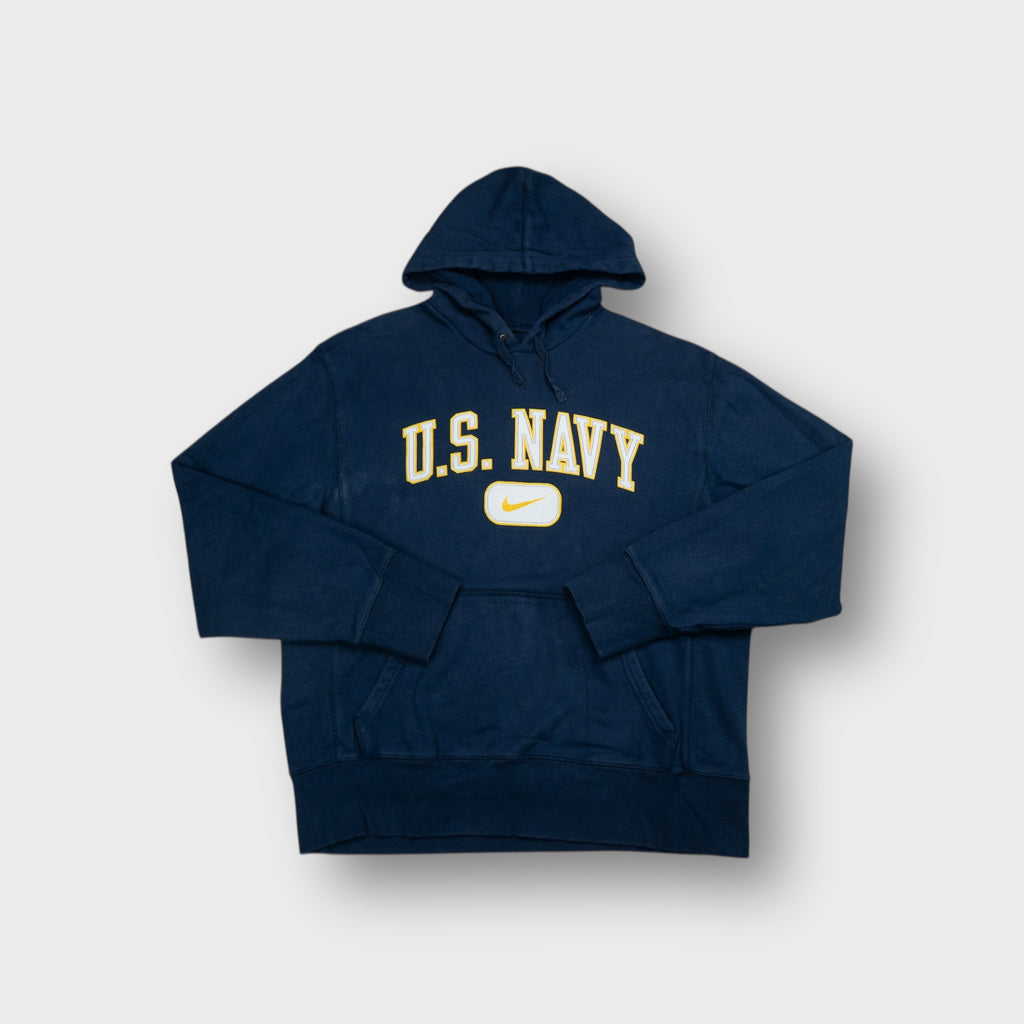 Nike hoodie sweater in navy blue featuring yellow U.S. Navy lettering on the chest.