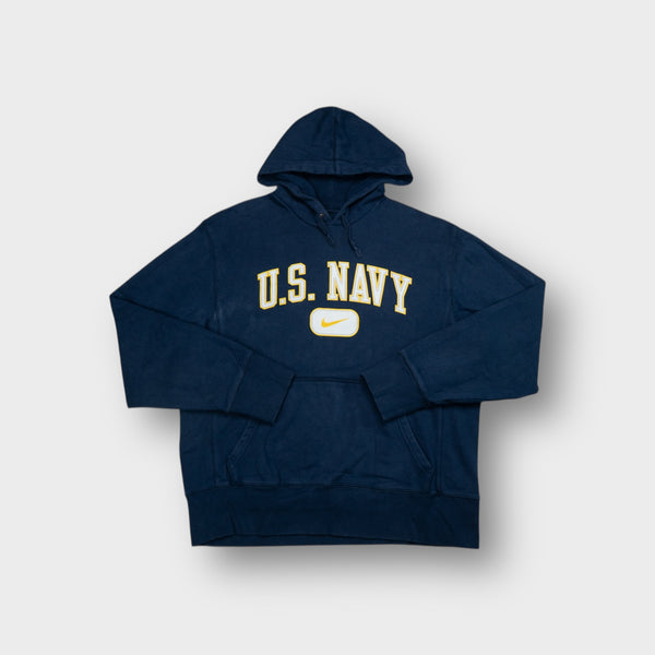 Nike hoodie sweater in navy blue featuring yellow U.S. Navy lettering on the chest.