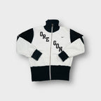 White Nike zip sweatjacket with black Oregon chest lettering and high collar
