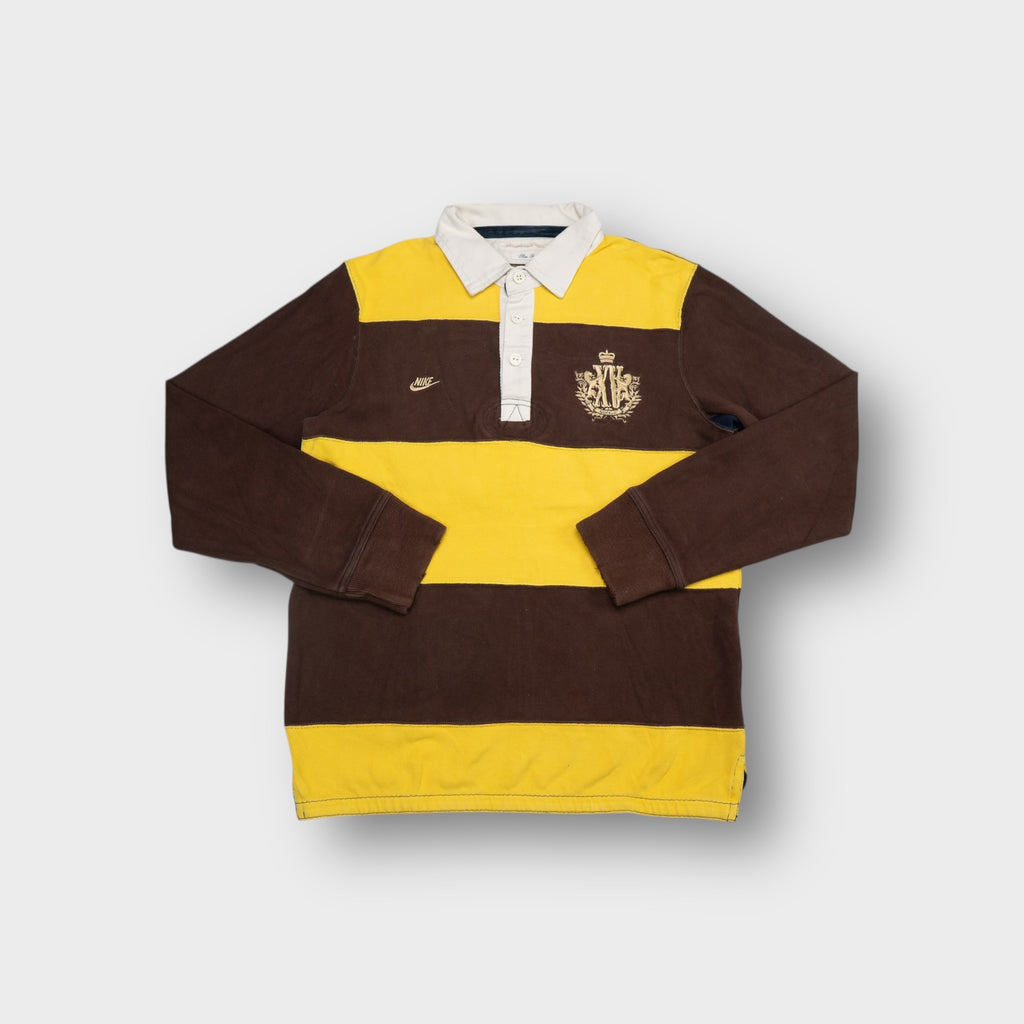 Nike rugby sweater in yellow and brown stripes with embroidered chest crest and white collar