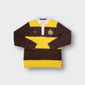 Nike rugby sweater in yellow and brown stripes with embroidered chest crest and white collar