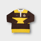 Nike rugby sweater in yellow and brown stripes with embroidered chest crest and white collar