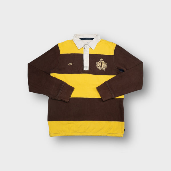 Nike rugby sweater in yellow and brown stripes with embroidered chest crest and white collar