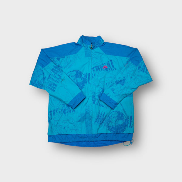 Nike blue windbreaker jacket with full-zip collar and printed globe map graphics