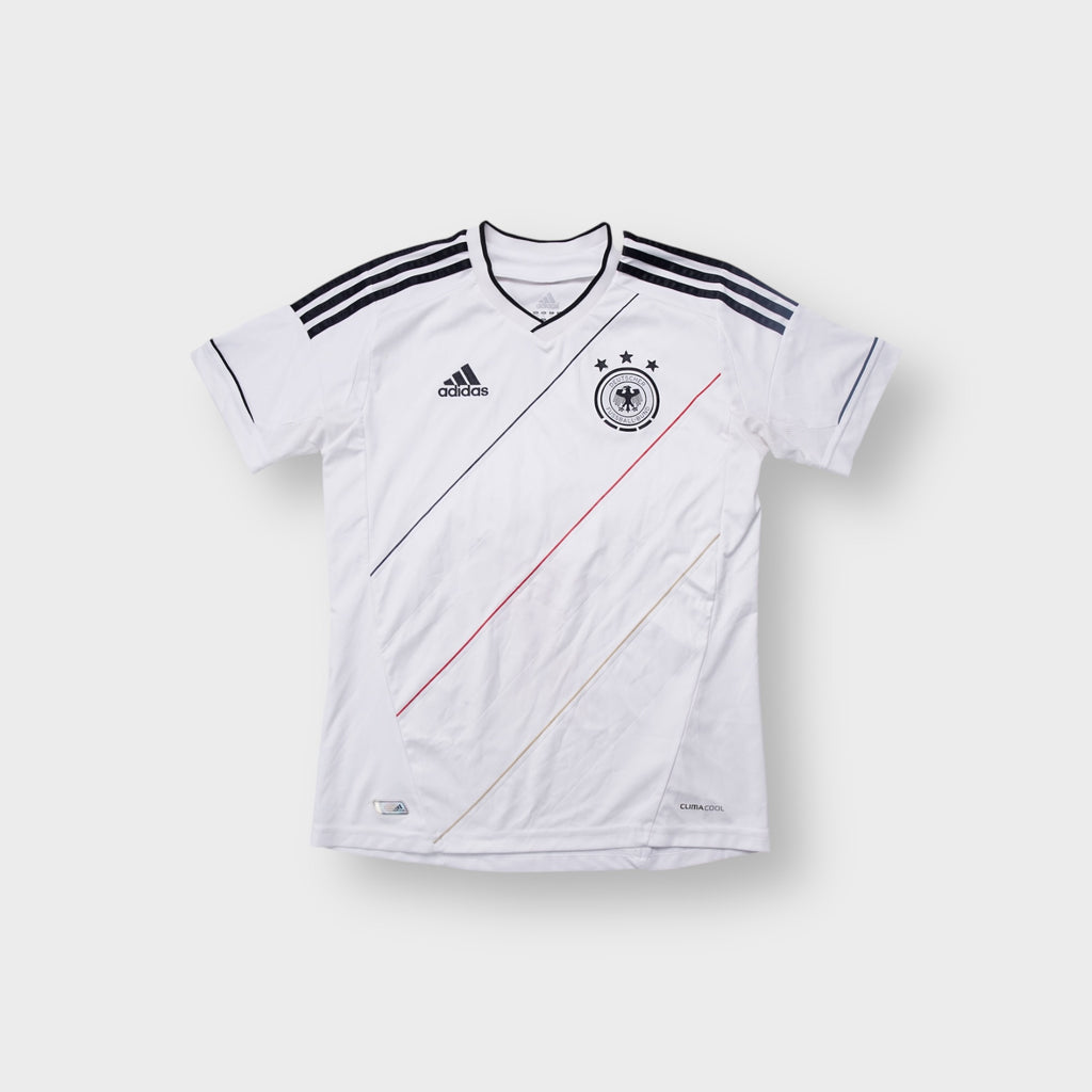 Adidas DFB white jersey featuring black stripes on the shoulders and a national team badge on the chest