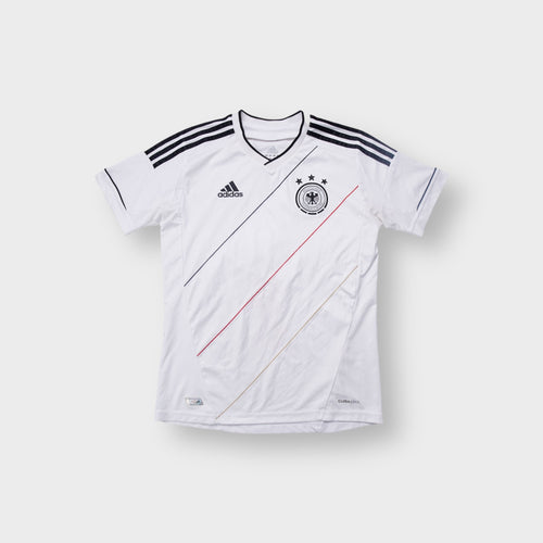 Adidas DFB white jersey featuring black stripes on the shoulders and a national team badge on the chest