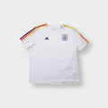 White Adidas DFB T-Shirt featuring the German crest print and shoulder stripes