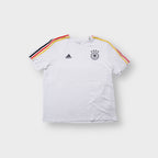 White Adidas DFB T-Shirt featuring the German crest print and shoulder stripes