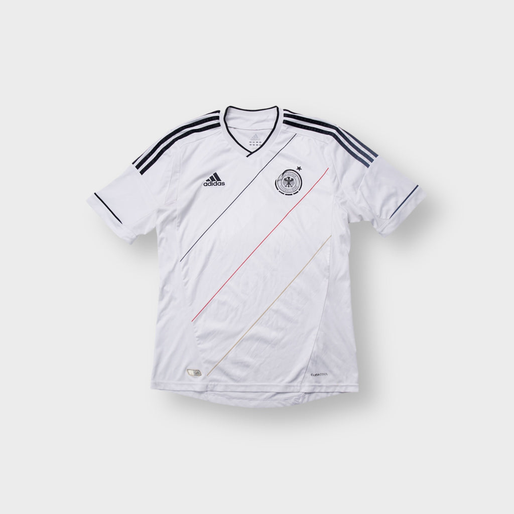 Adidas DFB 2012 white football jersey featuring thin diagonal pinstripes and team crest