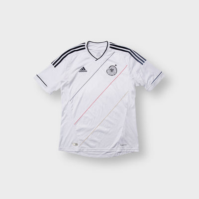 Adidas DFB 2012 white football jersey featuring thin diagonal pinstripes and team crest