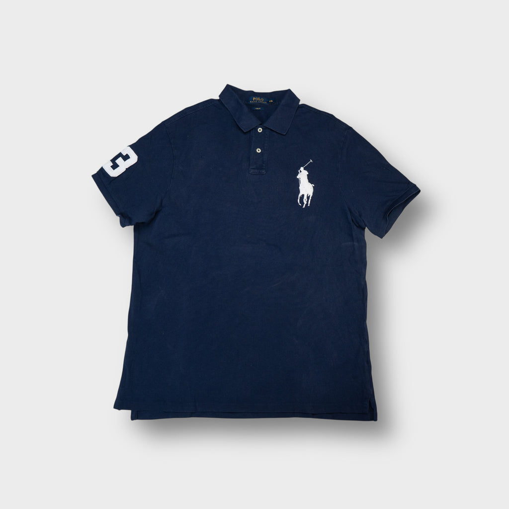 Ralph Lauren polo shirt in navy blue with a large white embroidered pony logo