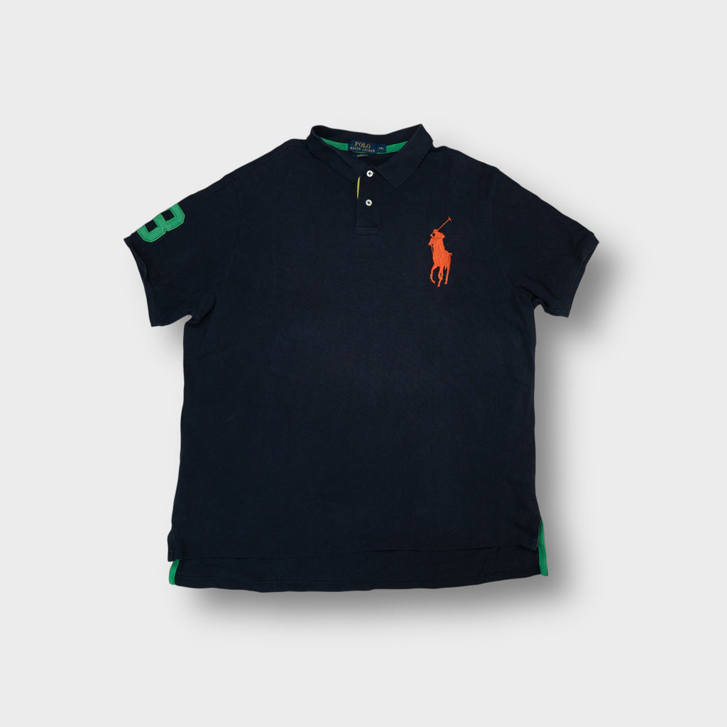 Ralph Lauren polo shirt in navy blue with oversized orange Big Pony embroidery.