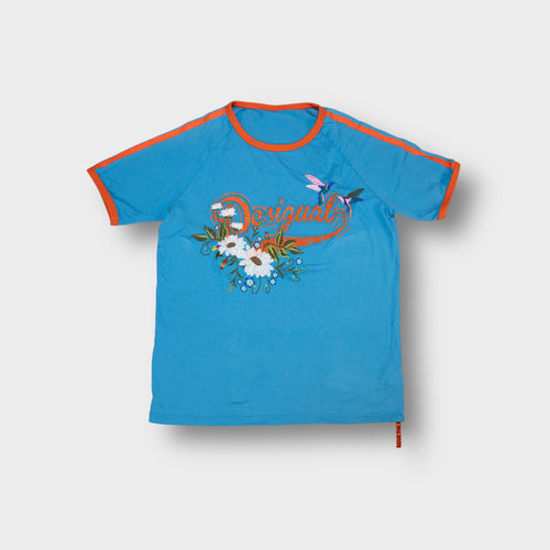 Desigual T-Shirt in blue with orange contrast trim and floral embroidery.