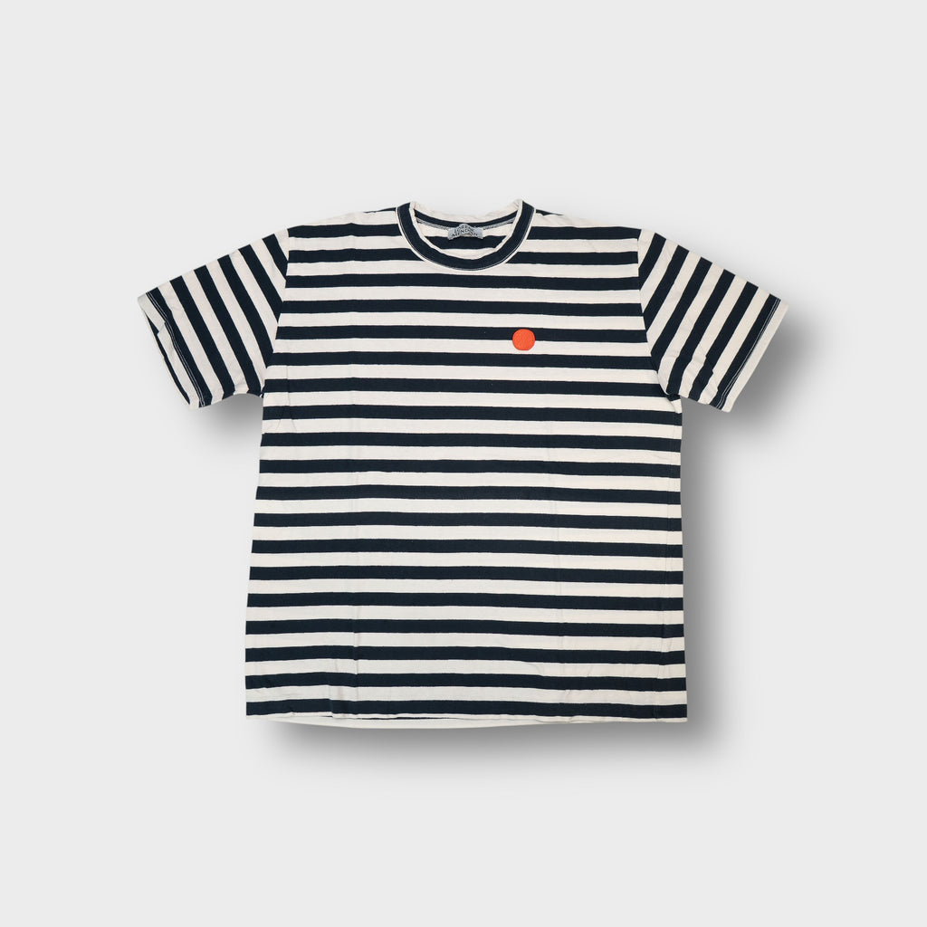Loreak Mendian striped T-Shirt in black and white with a red round patch on chest