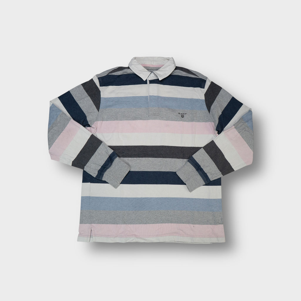 Gant polo shirt in grey and multicolor featuring horizontal stripes and chest logo.