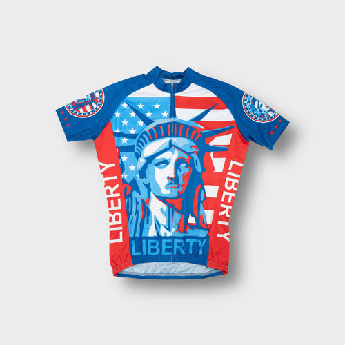 Alien SportsWear cycling jersey in blue and red featuring a Statue of Liberty print