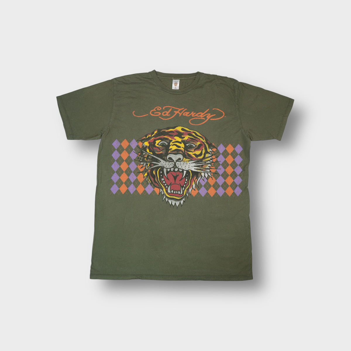 Green Ed Hardy T-Shirt with tiger graphic and script logo across the chest