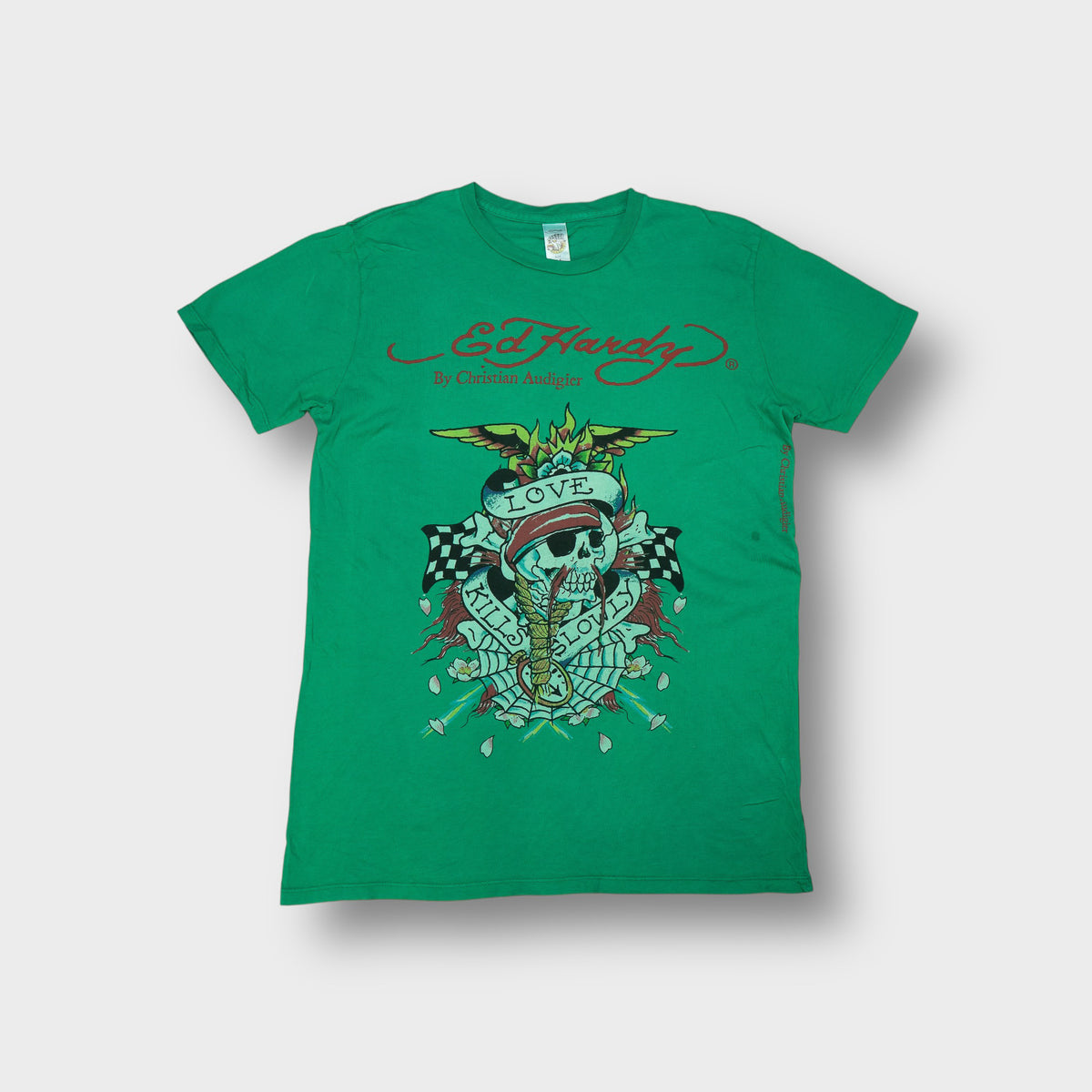 Green Ed Hardy T-Shirt with Love Kills Slowly skull tattoo graphic on the front