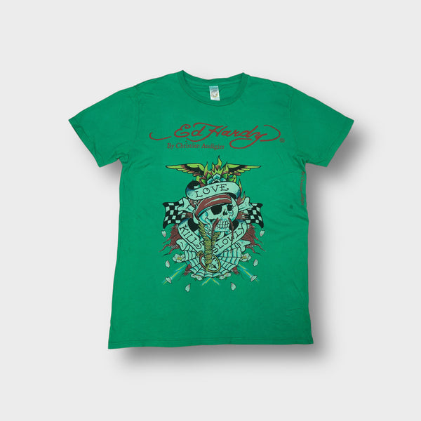 Green Ed Hardy T-Shirt with Love Kills Slowly skull tattoo graphic on the front