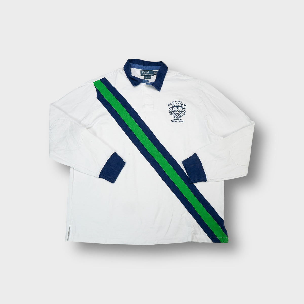 Ralph Lauren polo shirt white blue with diagonal stripe and RL Golf Club crest print